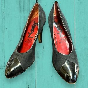 Vintage 1980’s YSL Heels Black Suede & Patent Leather Tips. Size 8